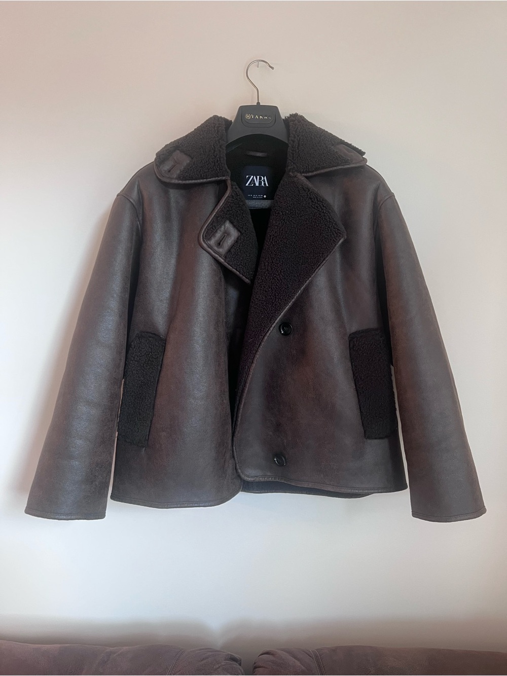 ZARA Faux Shearling Double-Breasted Jacket S Brown Faux Leather Biker Coat